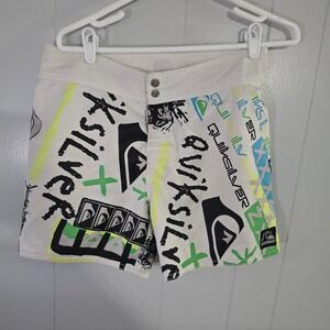 Quiksilver Board Shorts Mens 30 White Graffiti Neon Logo Print Swim Trunks